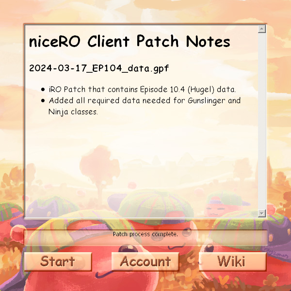 A screenshot of the niceRO auto-patcher window with a frame for latest client updates, and 3 buttons for accessing the game client, the account webpage, and the wiki webpage.