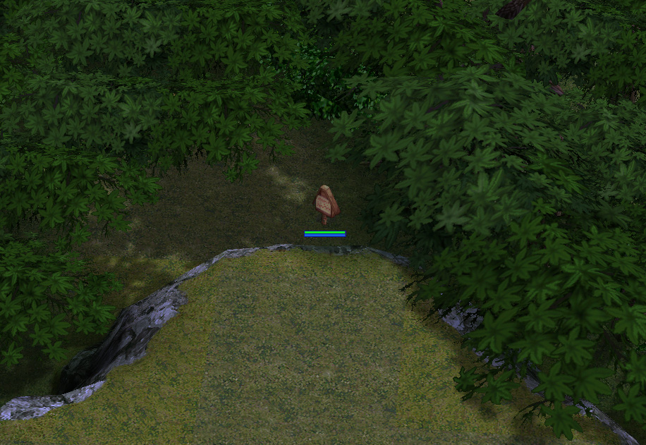 A screenshot from Ragnarok Online featuring a treasure hunt sign located near a low rocky cliff and hidden under lush tree foliage.