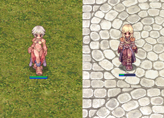 A screenshot from Ragnarok Online, featuring a dancer player character on the left side with a short masculine hairstyle, and an assassin player character on the right side with a long feminine hairstyle.